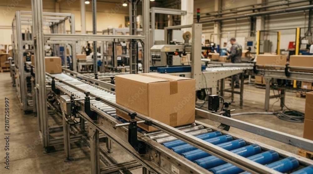 Fototapeta premium Automated Factory Production Line with Cardboard Boxes on Conveyor Belt, Logistics and Warehouse Operations
