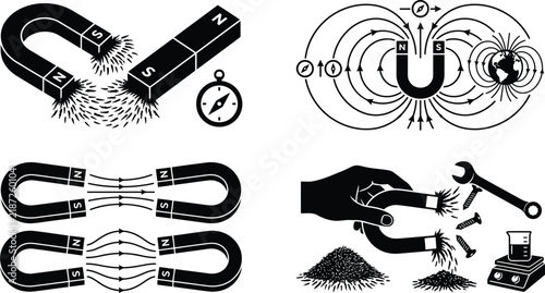Bild auf Leinwand Magnetism and magnetic field physics science vector icons set, horseshoe bar mag