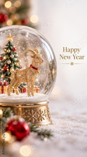 Christmas Gifts with Golden Goat Decoration on a Table, 2027 New Year