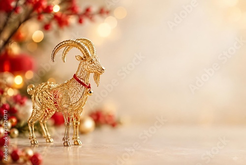 Christmas Gifts with Golden Goat Decoration on a Table, 2027 New Year