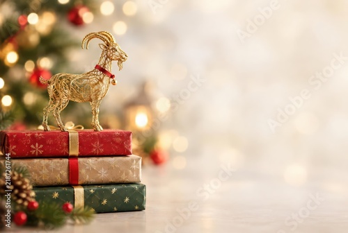 Christmas Gifts with Golden Goat Decoration on a Table, 2027 New Year
