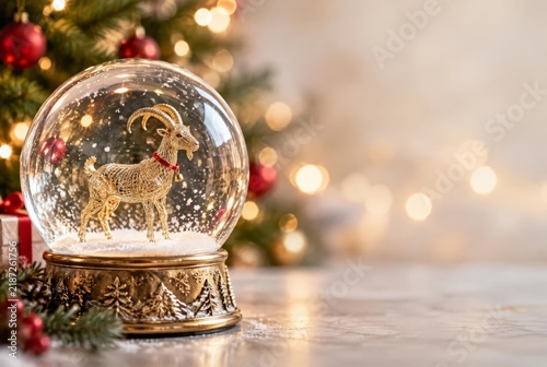 Christmas Gifts with Golden Goat Decoration on a Table, 2027 New Year