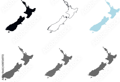 New zealand country map silhouette collection with gray and blue variants