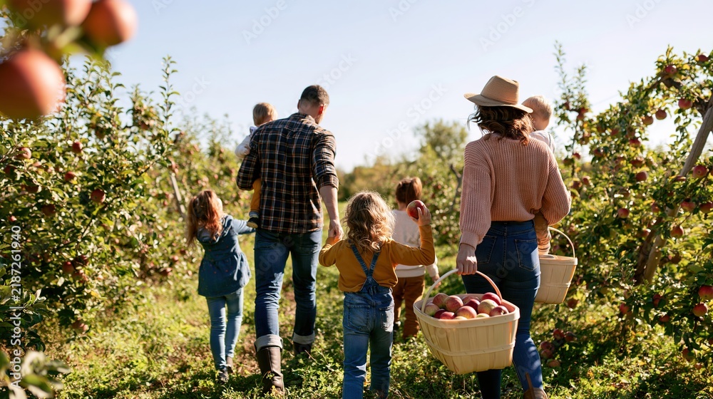 Fototapeta premium European Family Enjoying Apple Picking Together During Autumn Harvest, Seen from Behind Walking Along Sunny Orchard, Clear Sky Above, Joyful Family Outdoor Time, Apple Orchard, Family Activity, Autumn