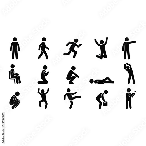 Stick figure human action icons set with man walking running jumping sitting