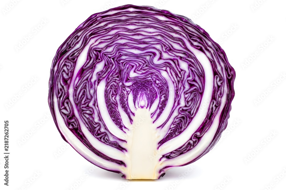Obraz premium Whole Red Cabbage Cut in Half with Purple White Spiral Pattern