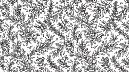 Hand drawn olive branch pattern with leaves and fruit in a detailed black and white vector illustration