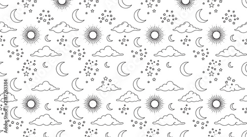 Seamless pattern of celestial elements featuring hand drawn suns moons clouds and stars in black ink