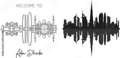 Welcome to Abu Dhabi United Arab Emirates city skyline vector illustration with famous famous landmarks and water reflection