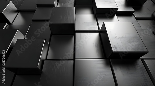 Abstract metal cube architecture, silver brushed 3D blocks wall various sizes, dramatic light contrast shadow, dark background, luxury modern texture, cinematic render