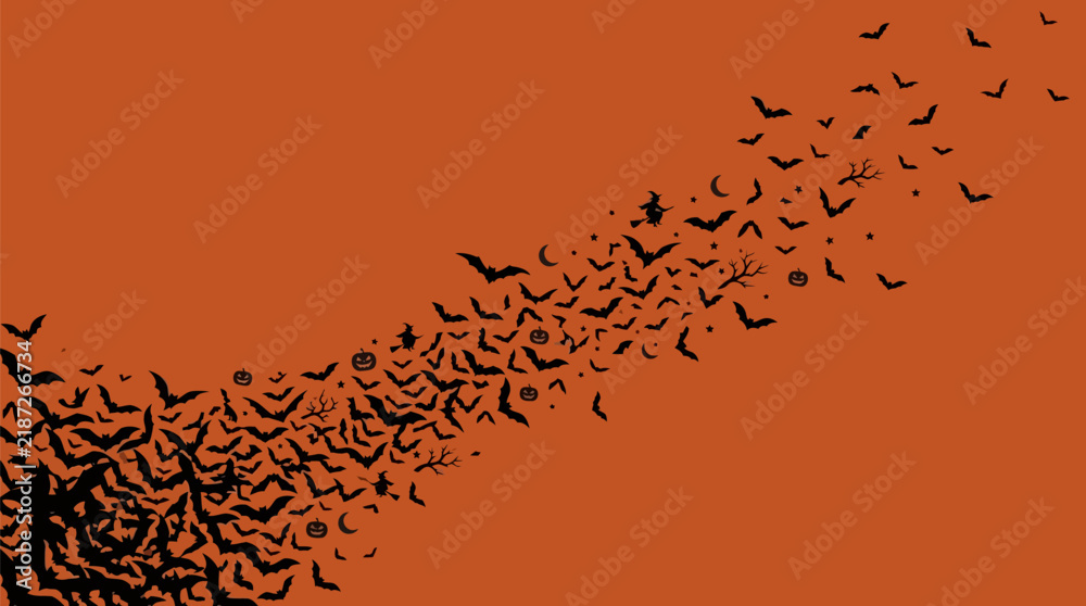 Obraz premium Flying bats with smiling faces against orange sky background with bats fly