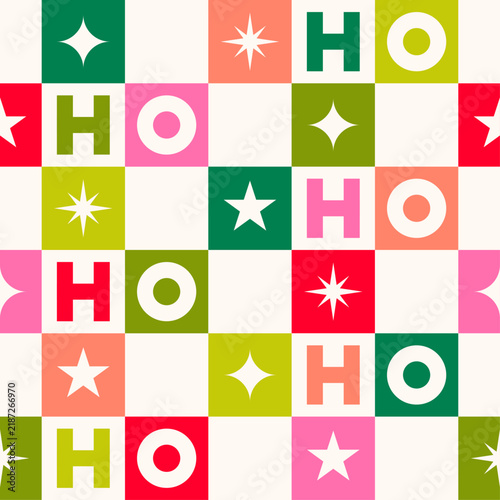 Colorful geometric typography and star seamless square pattern design for Christmas background. Santa claus laughs 