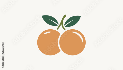 Minimalist flat icon of two delicious ripe oranges on a stem with fresh green leaves on a soft beige background.