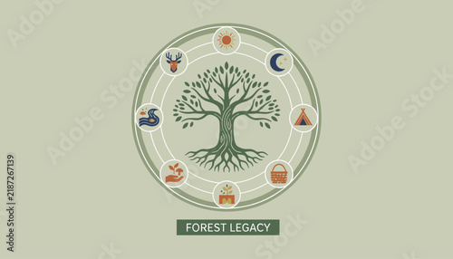 Forest Legacy logo badge featuring a majestic green tree of life encircled by outdoor camping and nature symbols.
