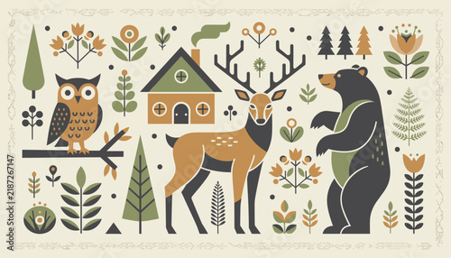 Beautiful scandinavian folk art illustration of a forest cabin surrounded by woodland animals like deer, owl, and bear.