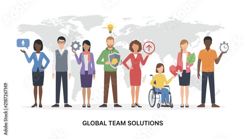 Diversity team of professionals standing in front of a world map with corporate symbols for global business solutions.