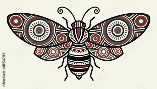 Intricate tribal moth design decorated with traditional circular and geometric patterns in red, black, and white.