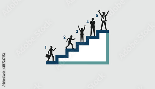 Career progression and educational success concept showing silhouettes of professionals climbing steps to graduation.