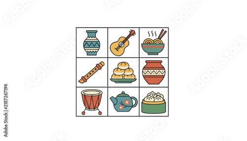 Set of nine traditional Asian cultural icons featuring musical instruments, hot tea, noodle bowls, and delicious dumplings.