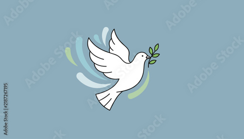 Peace dove flying with an olive branch in its beak against a soft blue background with pastel green and blue waves.