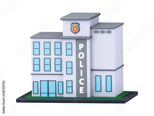Police station building with police badge symbol icon 3D render illustration isolated