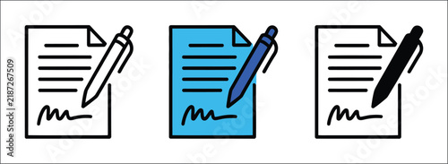 Pen signing contract icon set, business agreement signature document symbols, legal paperwork and management line art vector illustration for professional design