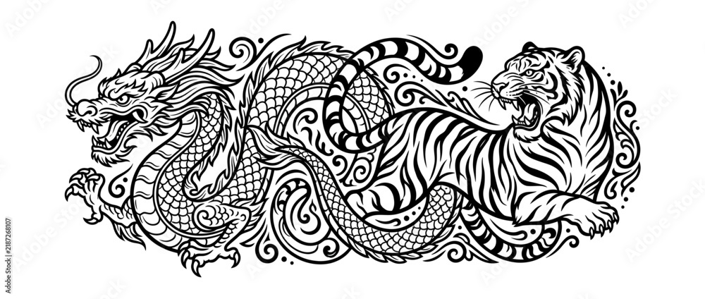 Fototapeta premium Mythical Dragon and Tiger Combat Design