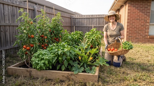 Smiling woman holding basket of fresh garden vegetables inside backyard garden setting on transparent background