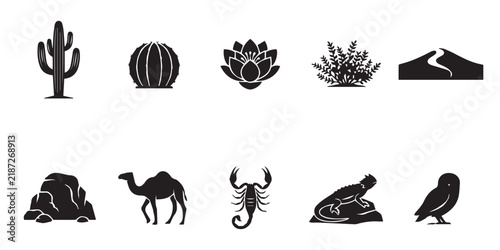 Set of black desert icons featuring cactus, camel, scorpion, and wildlife isolated on white background. A collection of flat black vector icons representing desert flora, fauna, and landscape elements