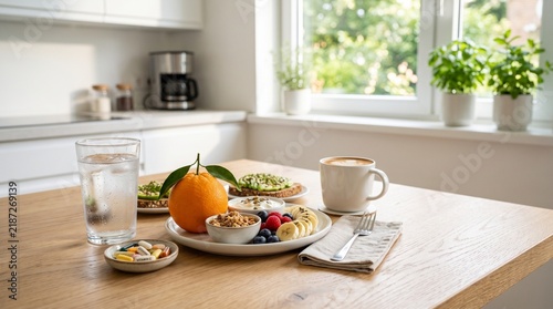 Nutritious healthy breakfast meal featuring fresh fruits and coffee served on a wooden table on transparent background
