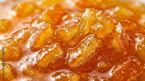 Macro of thick sweet orange marmalade jam with glistening sticky textures and translucent candied peel suspended in golden syrup rich tones