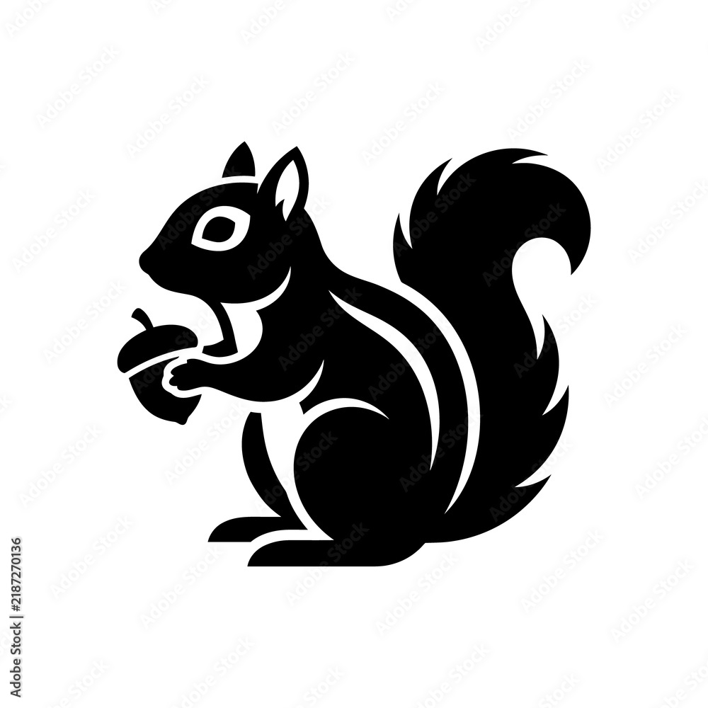 Obraz premium Cute squirrel silhouette icon holding acorn in solid black for nature and wildlife illustration.
