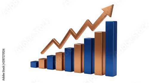 3D financial bar chart with metallic bronze upward trend arrow as isolated object