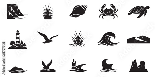 Set of coastal and marine nature icons featuring sea creatures lighthouse and ocean waves in black. A collection of minimalist black silhouette icons representing seaside landscapes 