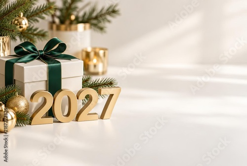 Luxury Gift Box with Gold Bow on a Minimalist Desk, Christmas 2027