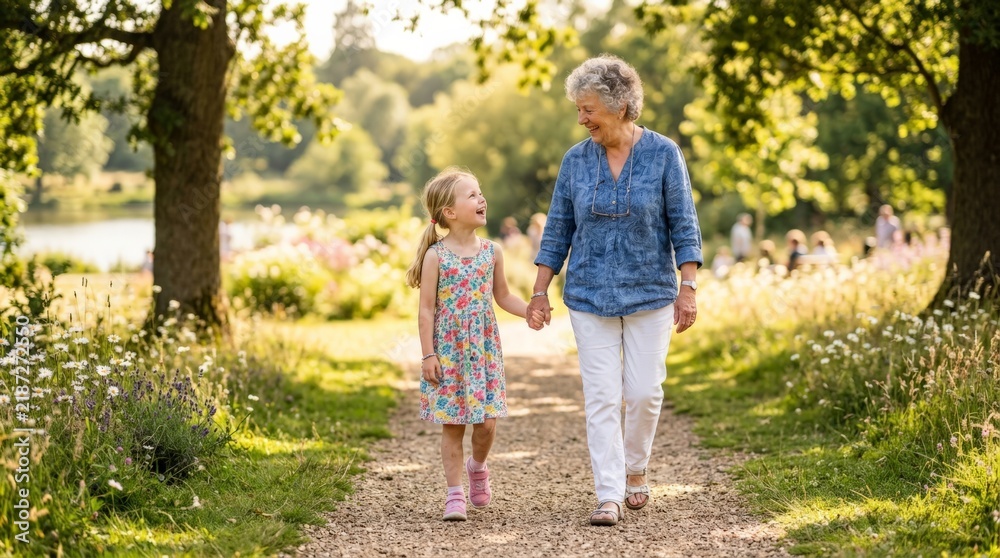 Fototapeta premium A happy grandmother and her young granddaughter walk together along a sunlit park path, sharing a tender moment that highlights the emotional bonds often preserved in patients with alzheimer