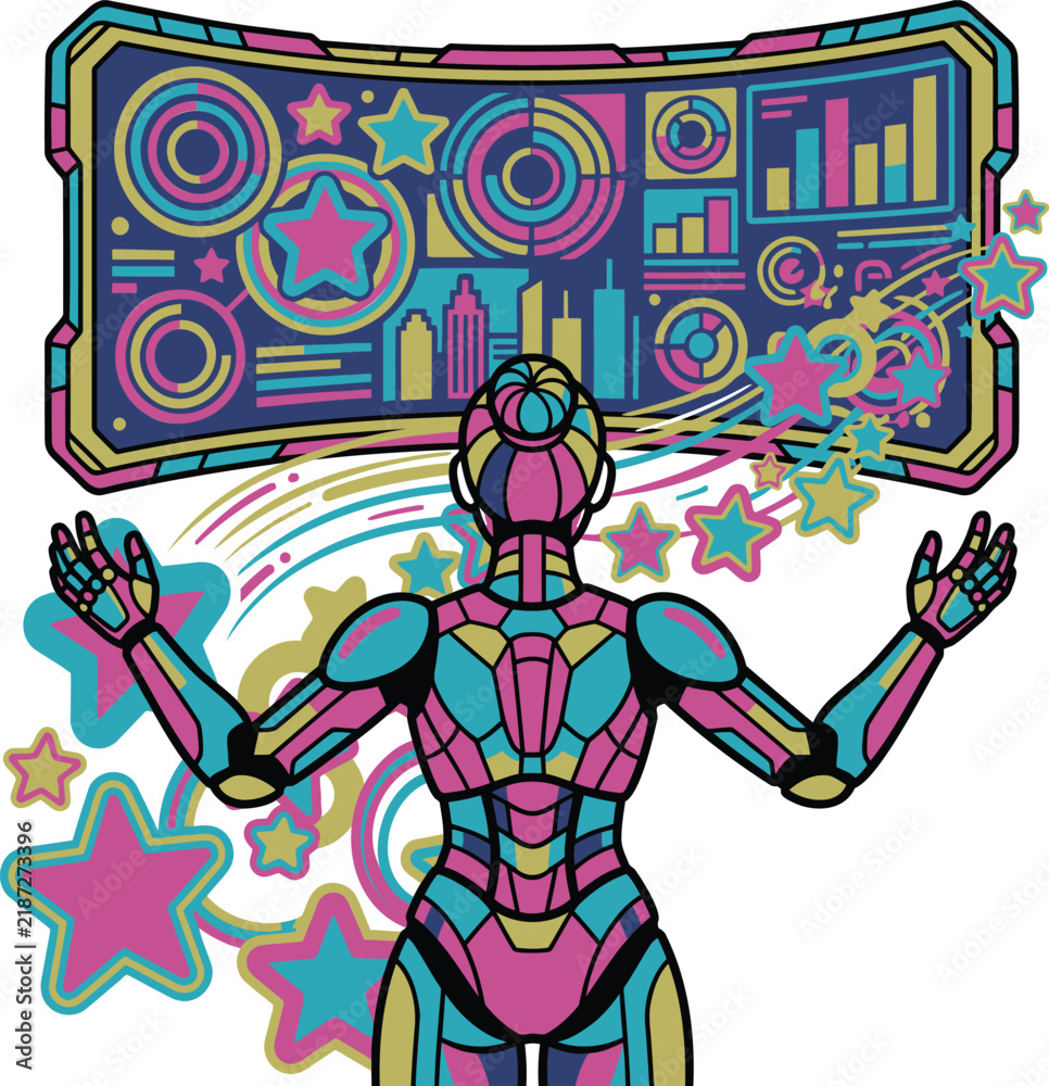 Obraz premium Futuristic Robot Figure with Data Visualizations and Starbursts