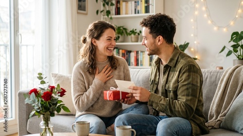 Happy young couple exchanging romantic gifts during cozy celebration at home sitting on transparent background