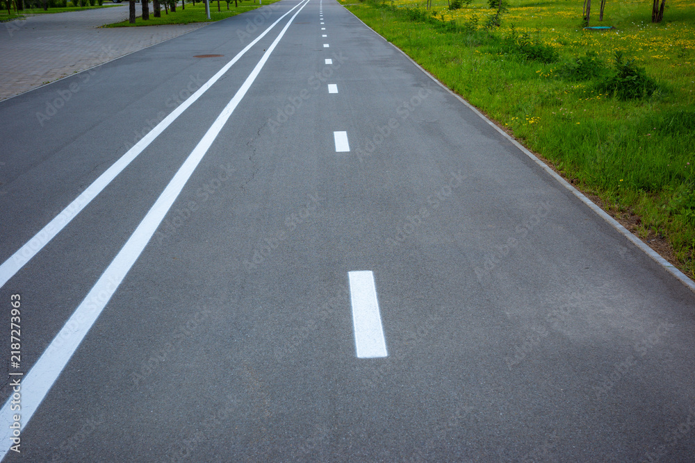 Obraz premium White lane markings on asphalt sidewalk through green park, pedestrian infrastructure, recreation and urban mobility.