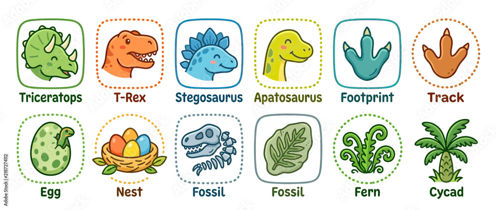 Obraz premium Cute Dinosaur Icons and Fossils Set