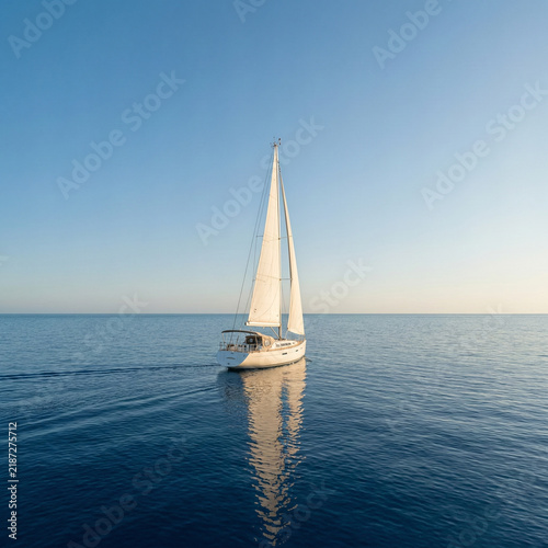 Lonely sailing yacht with a white sail in the open sea, calm ocean, minimalist seascape