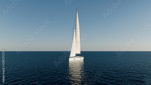 Lonely sailing yacht with a white sail in the open sea, calm ocean, minimalist seascape