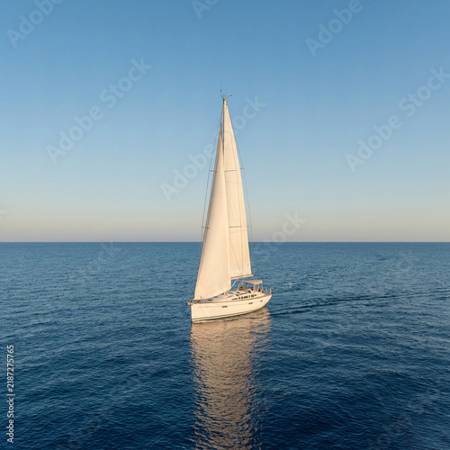 Lonely sailing yacht with a white sail in the open sea, calm ocean, minimalist seascape