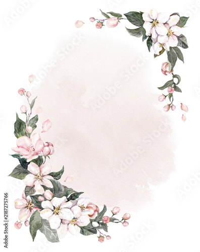 Watercolor floral corner frame with pink and white blossoms, green leaves, scattered petals, and a soft blush wash on white, leaving open copy space for invitations and announcements.