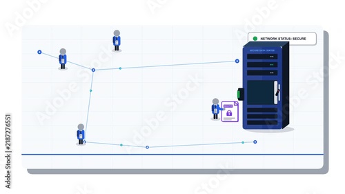 Premium animation visualizing an insider threat: an authorized internal user legitimately accesses a secure server and extracts sensitive data, triggering a network warning.