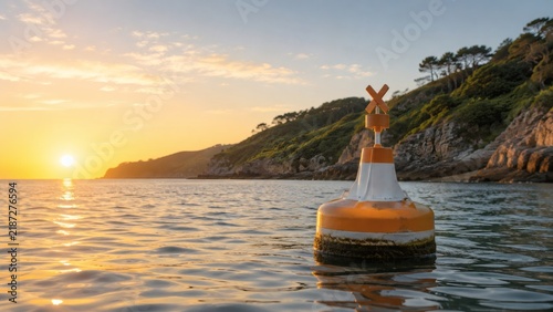 Coastal buoy at sunset with tranquil sea