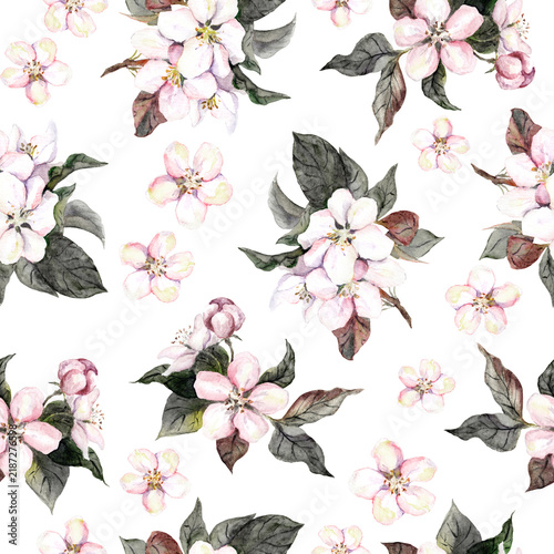 Scattered watercolor apple blossoms, leaves, and branches arranged on white in a hand-painted repeating pattern for fabric, wallpaper, wrapping paper, and stationery. 
