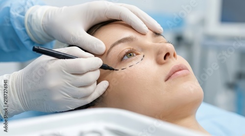 Close up of skin markings for blepharoplasty eyelid surgery on a woman's face.