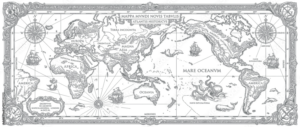 Obraz premium Vintage World Map Illustration with Ships and Sea Creatures