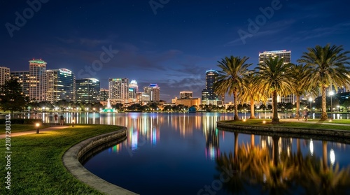 Luminous Orlando cityscape at night with waterfront reflections and tall buildings.